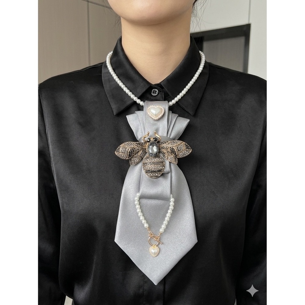 Handcrafted 100% Silk Grey Necktie Crystal Bee Brooch Pearl Heart Bracelet Set